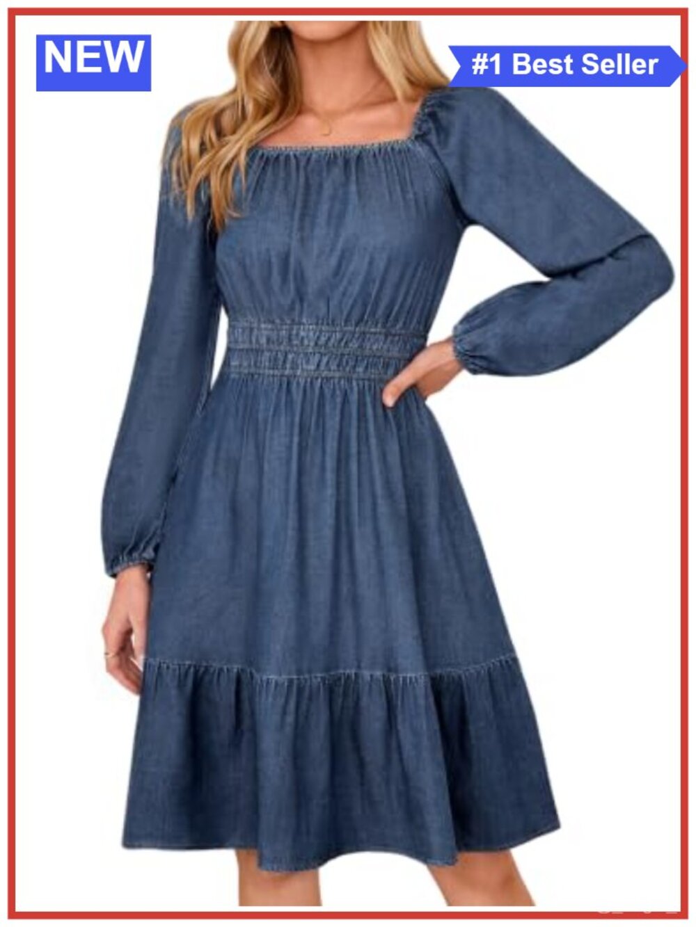 Long Sleeve Smocked Waist Ruffle Hem Flowy A Line Denim Dress